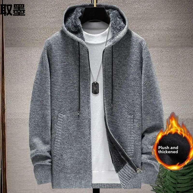 Men's Fleece-ed and Thickened Autumn Winter Cardigan Sweater Stand Collar Hooded Knitted Top Thick Style Yarn Jacket Spring A