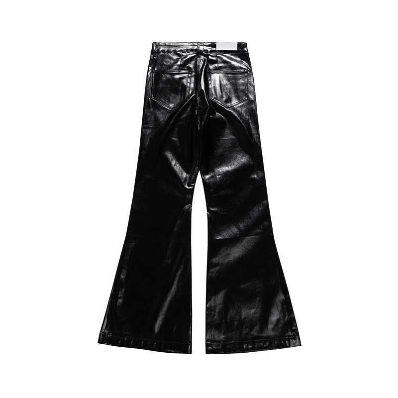 High Street Wide Leg Glossy Pu Leather Pants Sashes Boot Cut Men And Wome Baggy Casual Jeans Oversized Flared Trousers