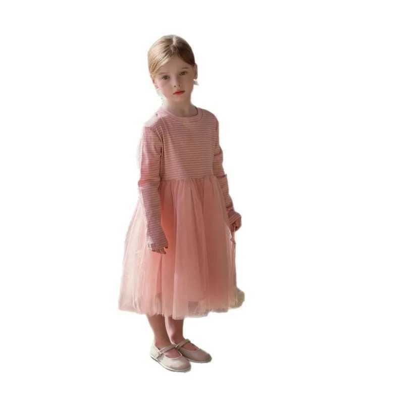 Korean Spring Autumn New Children Girls Princess Dress Mesh Fluffy Dress Kids Girls Dress Striped Spliced Girl Birthday Dress Z250214