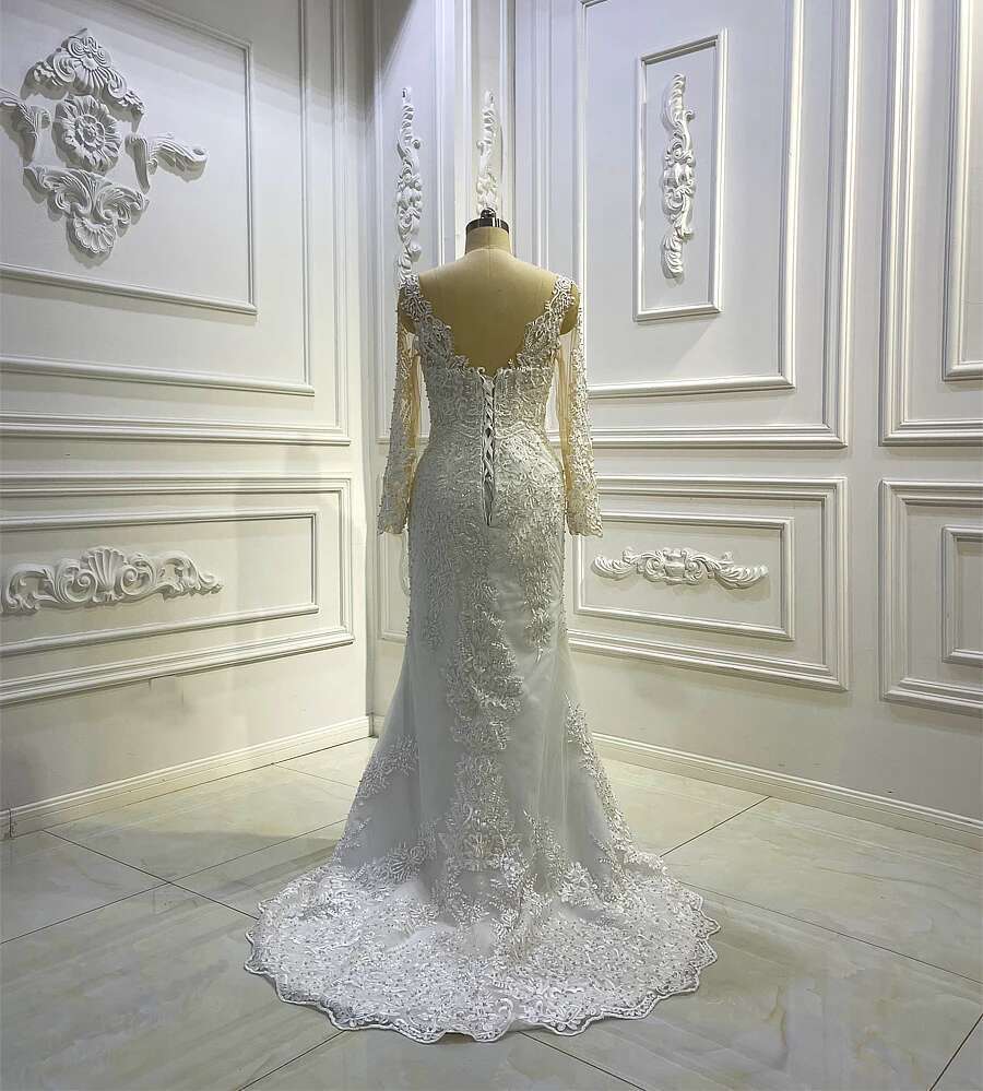 Custom made full sleeve lace appliqued glitter empire wedding dress