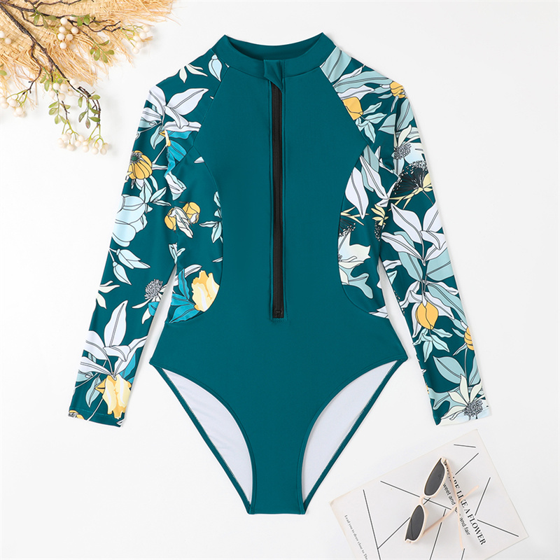 Women's One Piece Swimsuits Front Zipper Long Sleeve Rash Guard UV Protection Surfing Athletic Swimsuit Bathing Suit