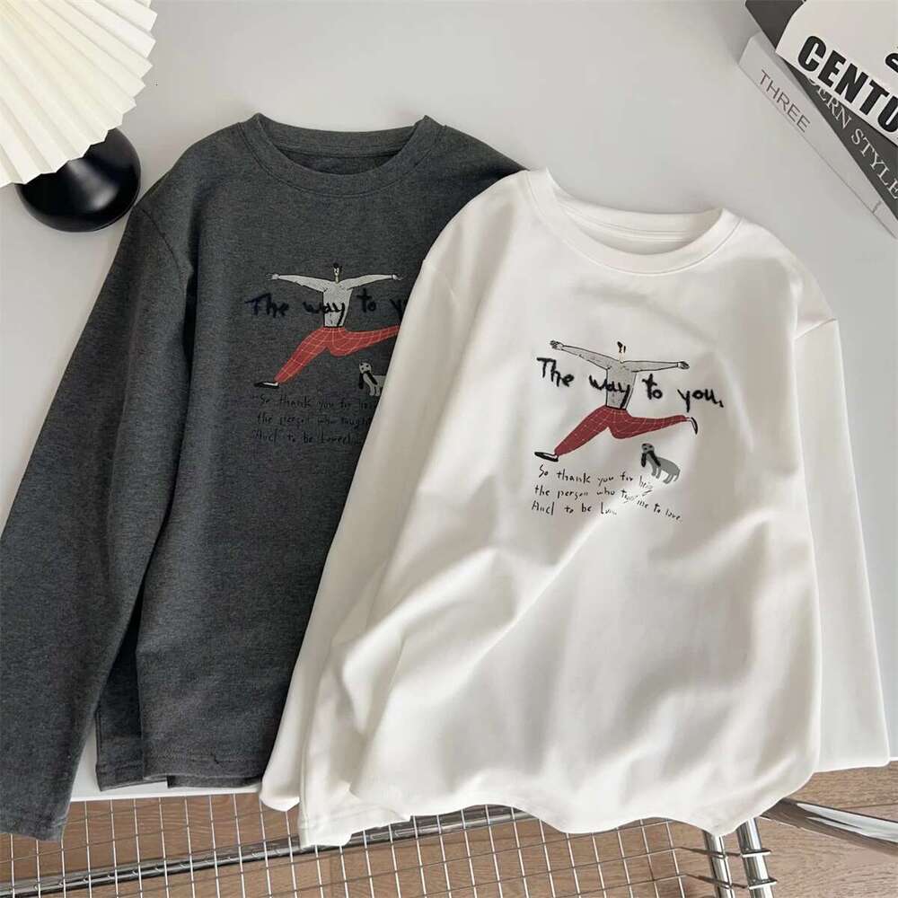 Cartoon Character Letter Embroidery Long Sleeved T-Shirt For Women In Autumn Winter, Brushed Warm Loose Tee