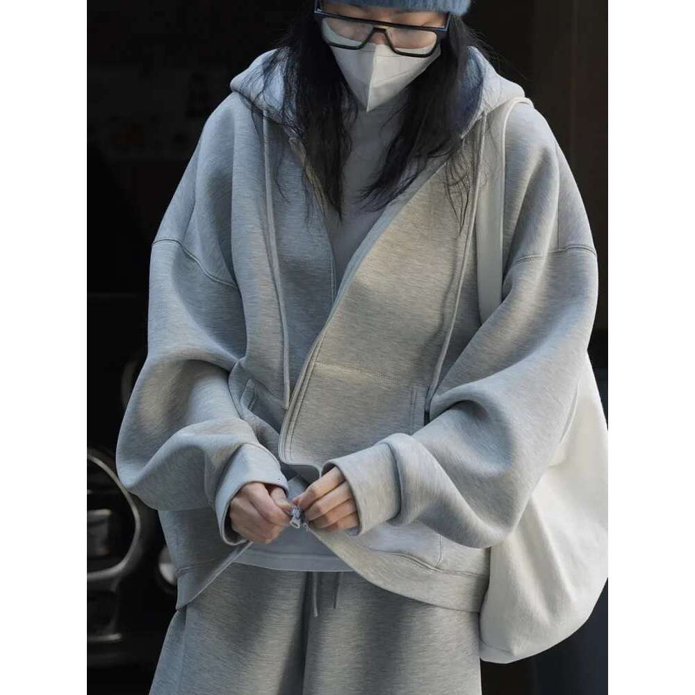 Minimalism Solid Hooded Cardigan Sweatshirt For Women Drawstring Zipper Long Sleeve Loose Jackets 2025 Autumn New