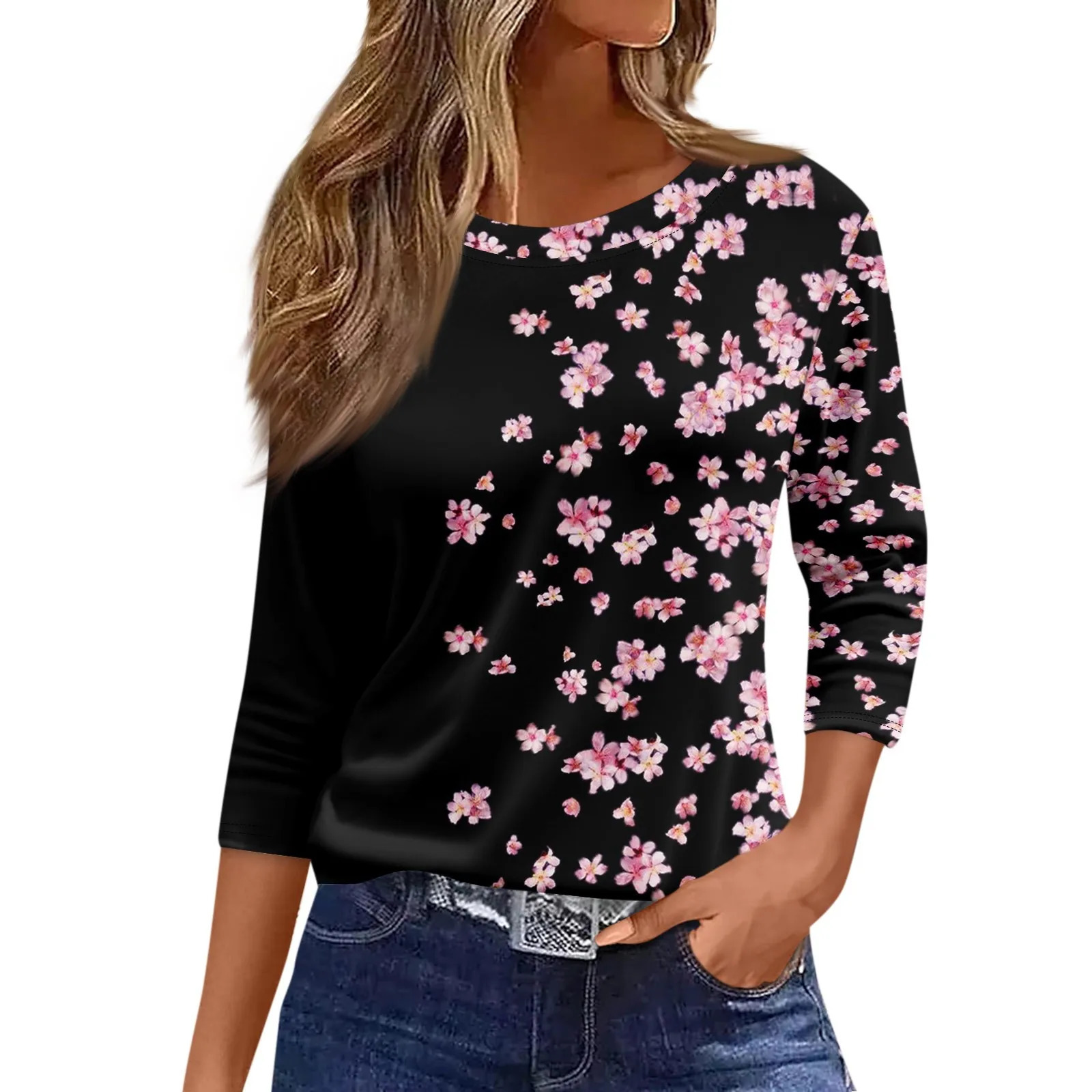 Summer Top WomenS Fashion Casual Round Neck 34 Sleeve Loose Printed TShirt Ladies Ropa Aesthetic 250211