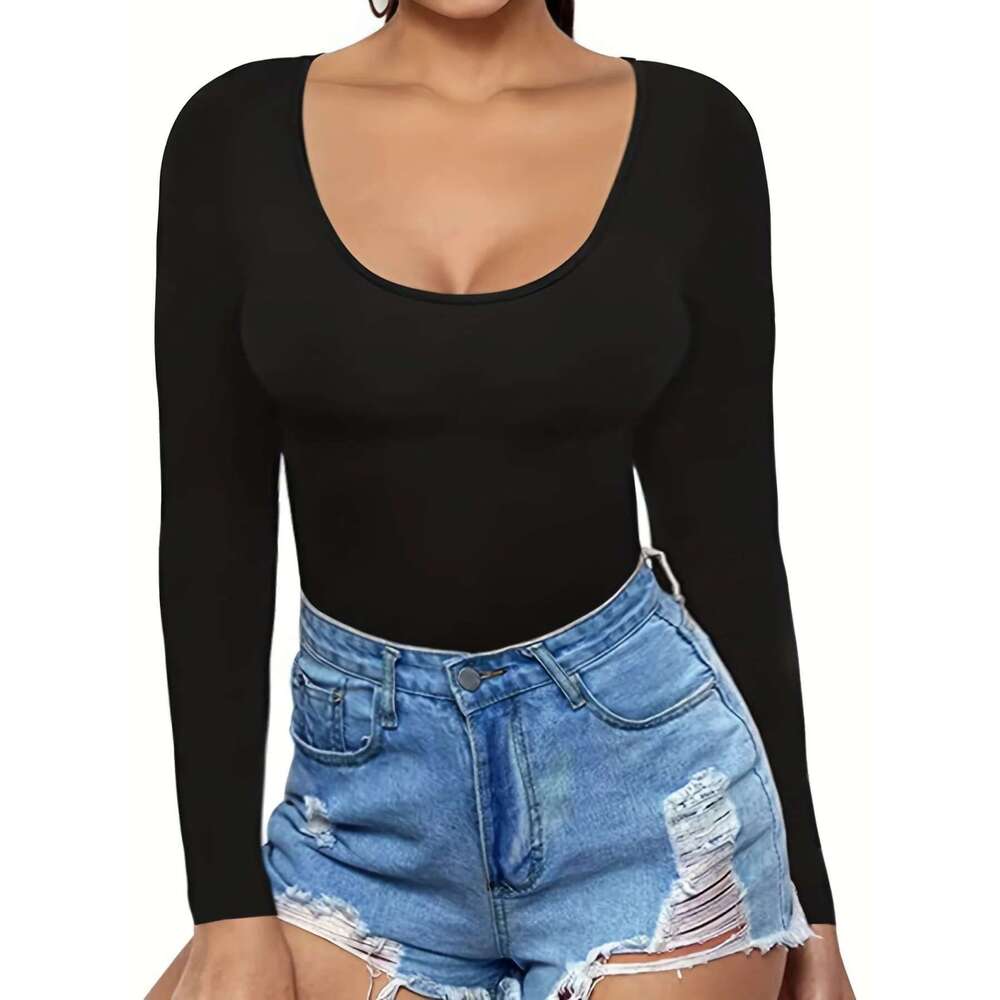 Women Plus Size Scoop Neck Solid Color T-Shirt Casual Spring Autumn Long Sleeve Basic Tee