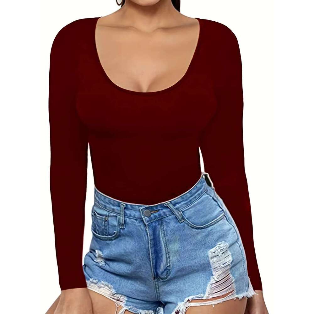 Women Plus Size Scoop Neck Solid Color T-Shirt Casual Spring Autumn Long Sleeve Basic Tee