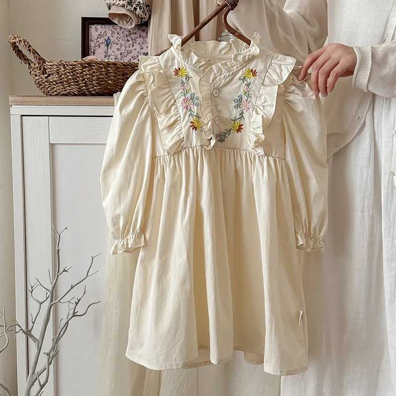 Girls Dress Flower Embroidery Stand Up Collar Kids Girls Dress 2025 Spring Ruffled Long Sleeved Sweet Childrens Princess Dress Z250214