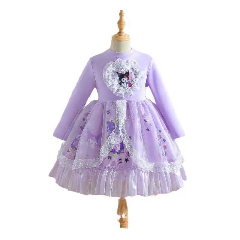 Girl Dress Sanrios Kuromi Cute New Kaii Spring Autumn Sweet Long Sleeves Cotton Chiffon Anime Figure Mesh Fashion Z250214