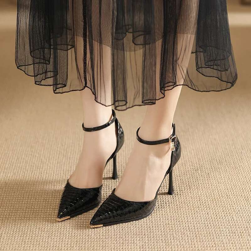 Size 31-43 Metal Point Toe Anti-Kick 9Cm High Heels Women Patent Leather Hollow Two-Piece Thin Heel Shoes