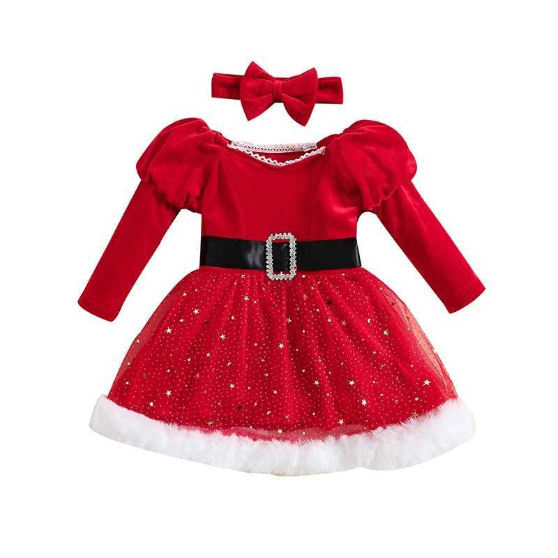Swee Kids Girl Christmas Dressse Outfit Long Sleeve Stars Patchwork Dress with Bow Headband for Cosplay Par Xmas Clothing Z250214