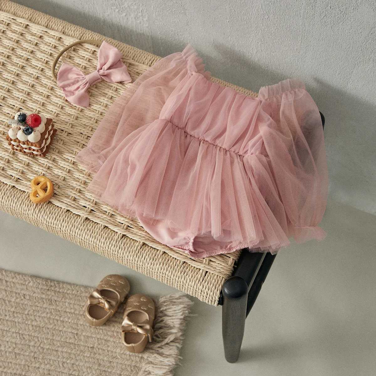 BeQeuewll Baby Girls Casual Romper Dress Lace selvage Tulle Patchwork Romper with Bow Headband Cute Princess Dress Z250214