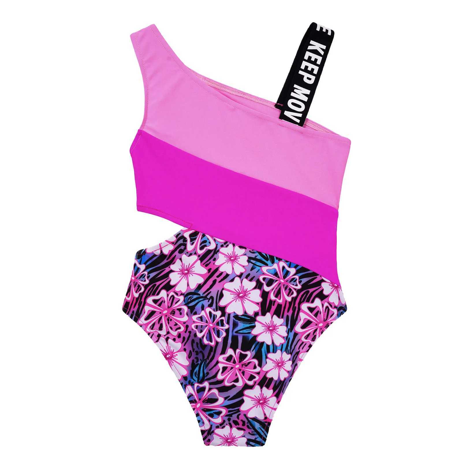 Kids Girls Print Monokini Bathing Swimsuit Swimming Tight Fitting Jumpsuit Hollow Out Waist Bodysuit Beach Pool Swimming Z250214