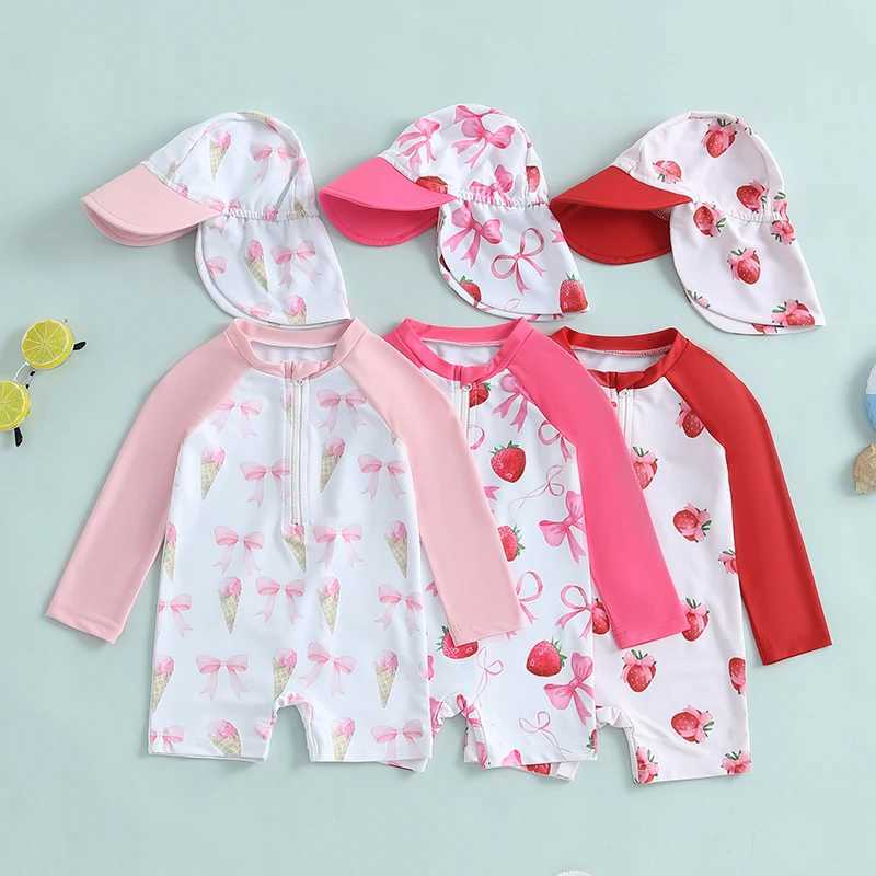 Toddler Girls Rash Guard Swimsuit with Hat 2 Pcs Set Bow Strberry Pattern Zip Up Long Sleeve Crew Neck Baby Girls Swimwears Z250214