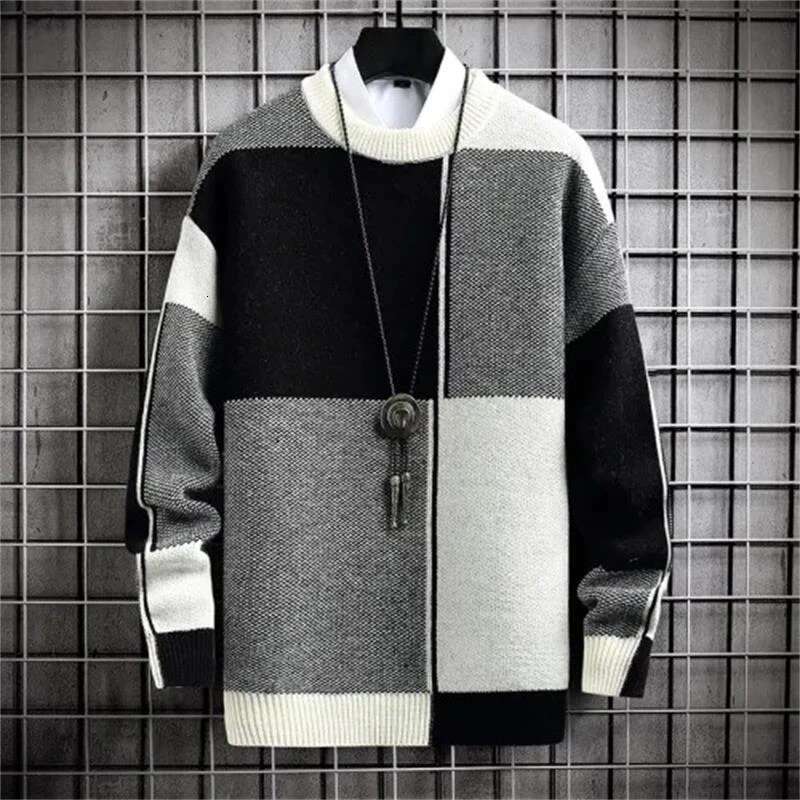 Half Collar Color Blocking Warm Sweater High Quality Men Spring Autumn Slim Leisure Korean Long Sleeve Loose Knit Pullover
