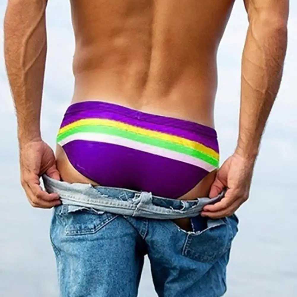 Slim Fit Quick Drying High Elasticity Swimming Trunks Low Rise Striped Print Men Swimming Briefs for Vacation Men Beach Shorts W250214