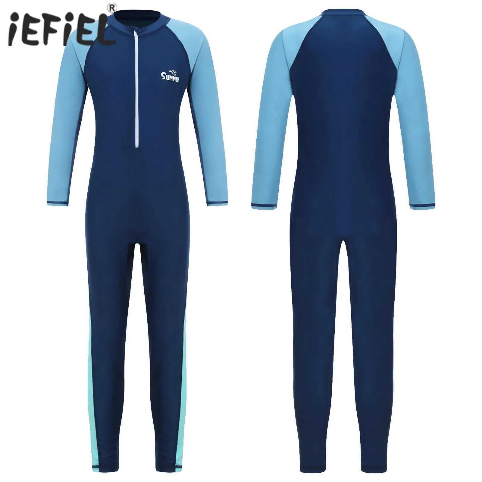 Kids Boys Girls One-piece Swimsuit Full Body Swimwear Long Sleeve Front Zipper Sport Beachwear Bathing Suits UPF 50+ Rash Guard Z250214