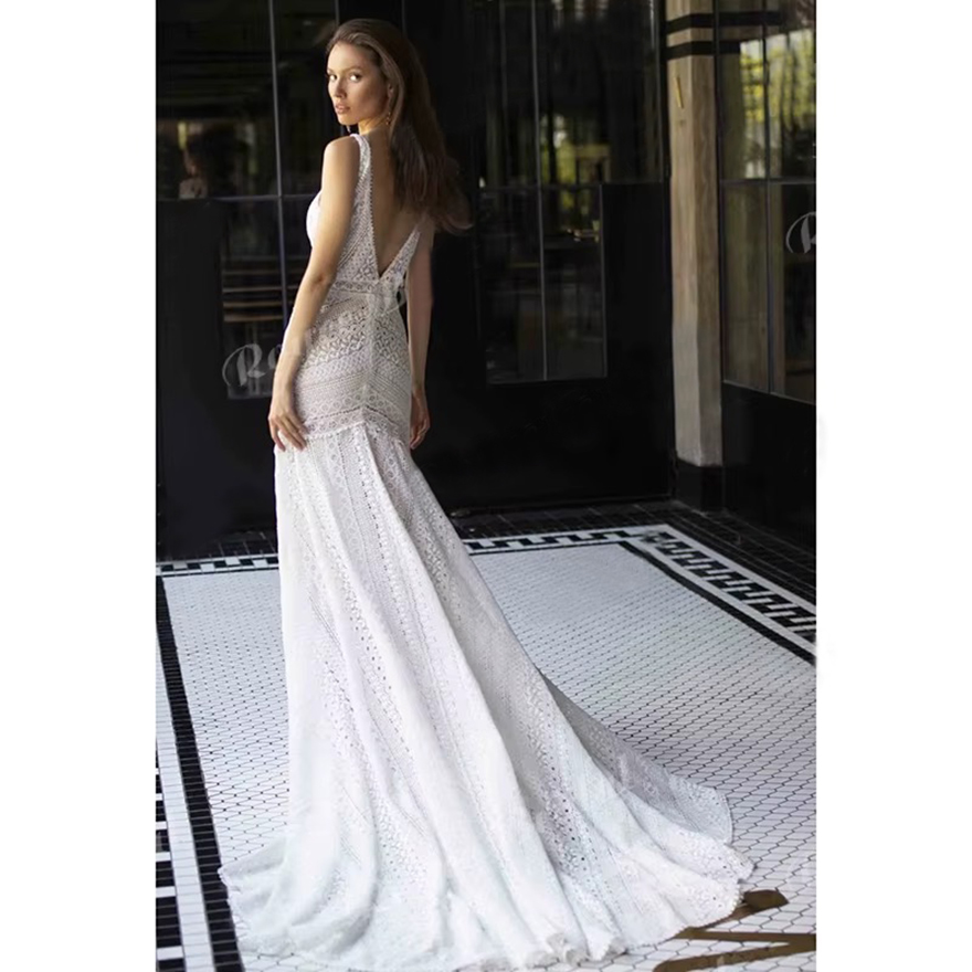 Boho V-neck Mermaid Vintage Vestido De Noiva Sweep Train Sleeveless Lace Backless Wedding Dress Women Bride Gown robe Customized