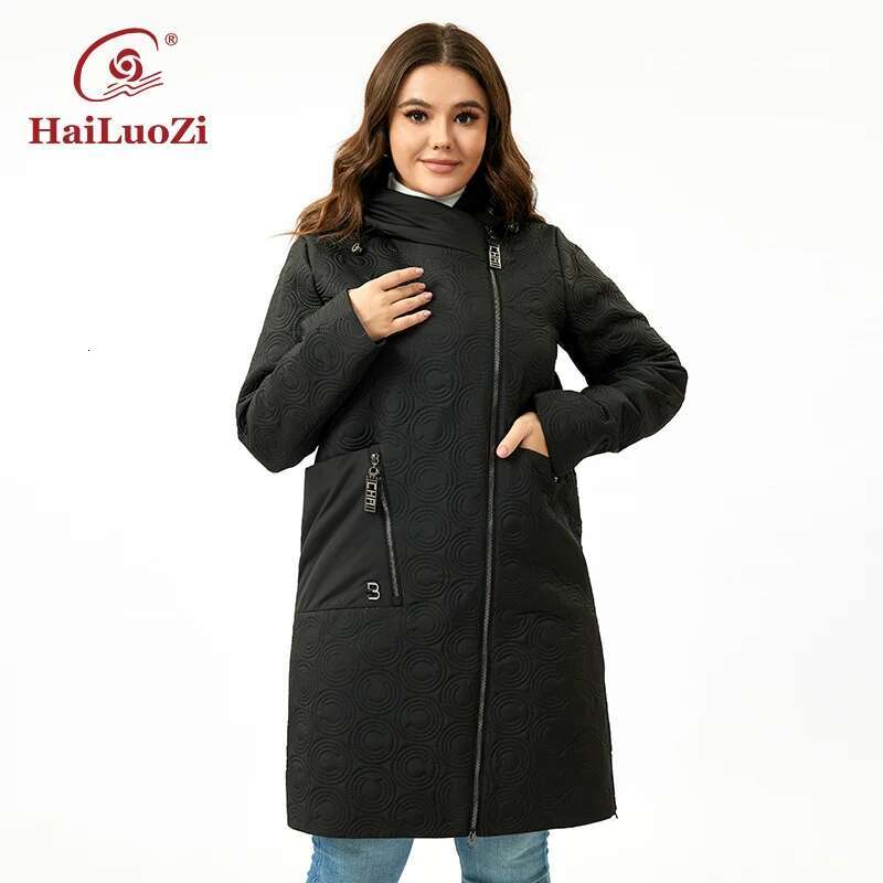 Hailuozi 2023 New Spring Women Coat Plus Size Long Hooded Big Pockets Female Parkas Slanted Placket Zipper Women's Jackets 5537