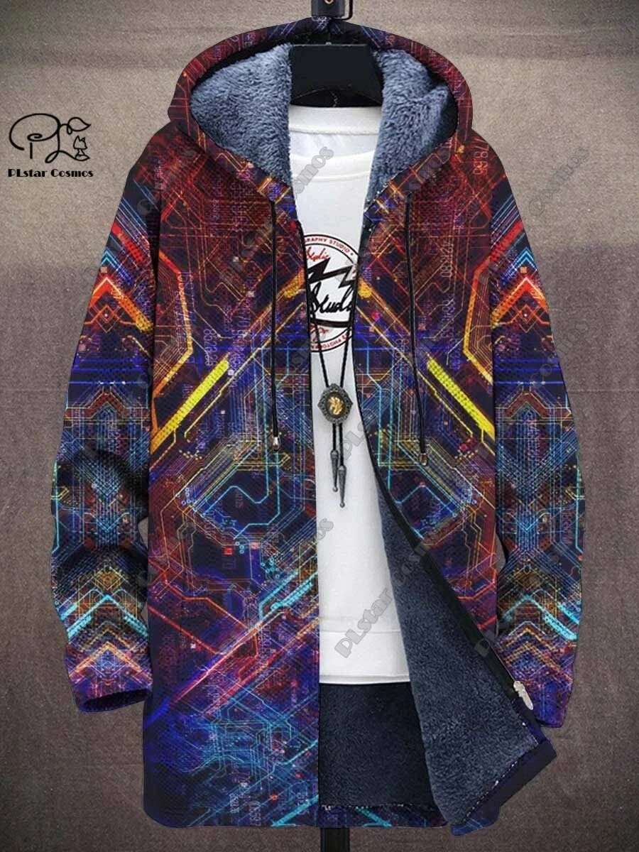 3D printed new winter hooded unisex retro geometric gradient art pattern plush thickened long-sleeved casual warm jacket DY-2