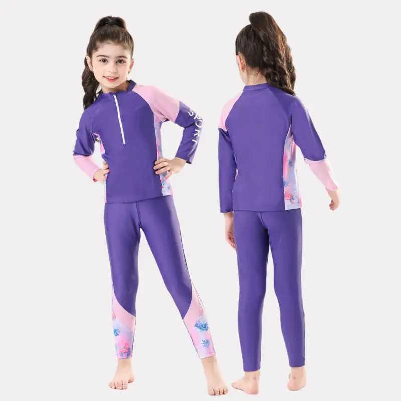 Children Girls Printed Swimsuits Kid Swimwear Long Sleeve Sun Protection Long Sleeve Tops and Pant Beachwear 5-16 Years Z250214