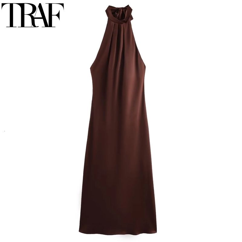 TRAF Halter Satin Long Dres Tied Backless Brown Midi Dress Summer Off Shoulder Party Dresses Pleated Evening y250207
