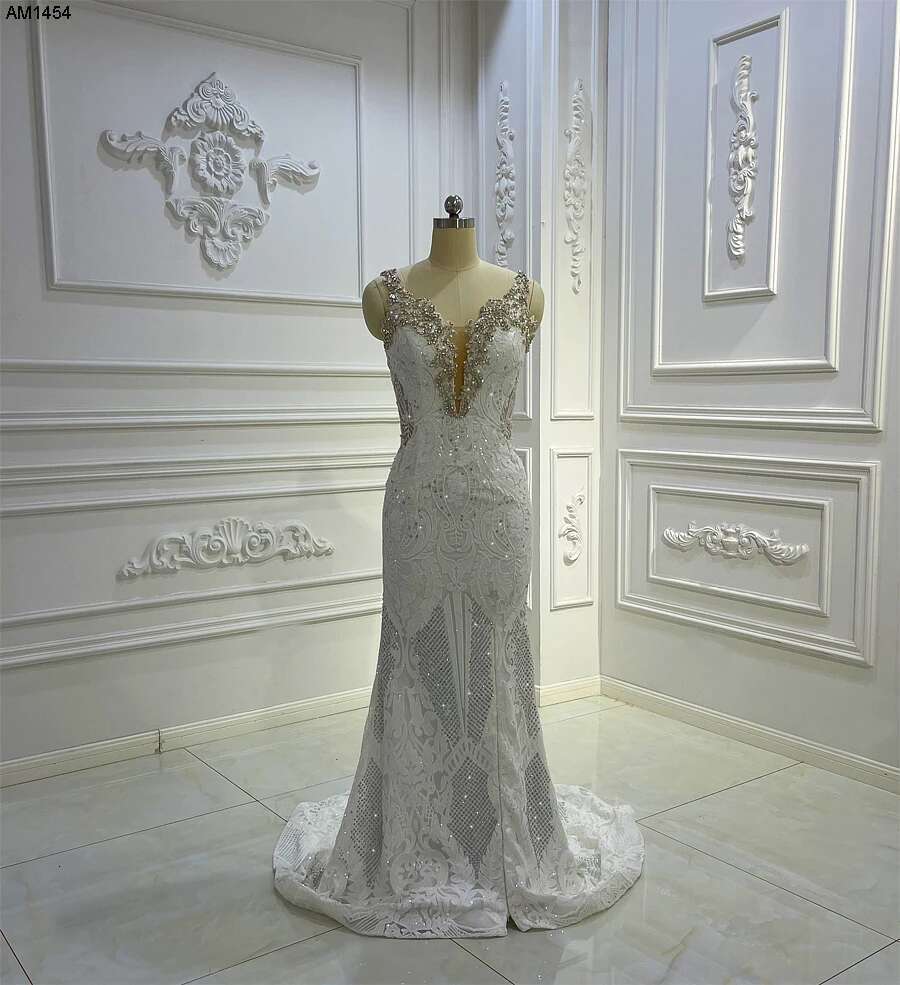 AM1454 New Design Lace deep V-neck 2 In 1 Ruffles Mermaid Wedding Dress