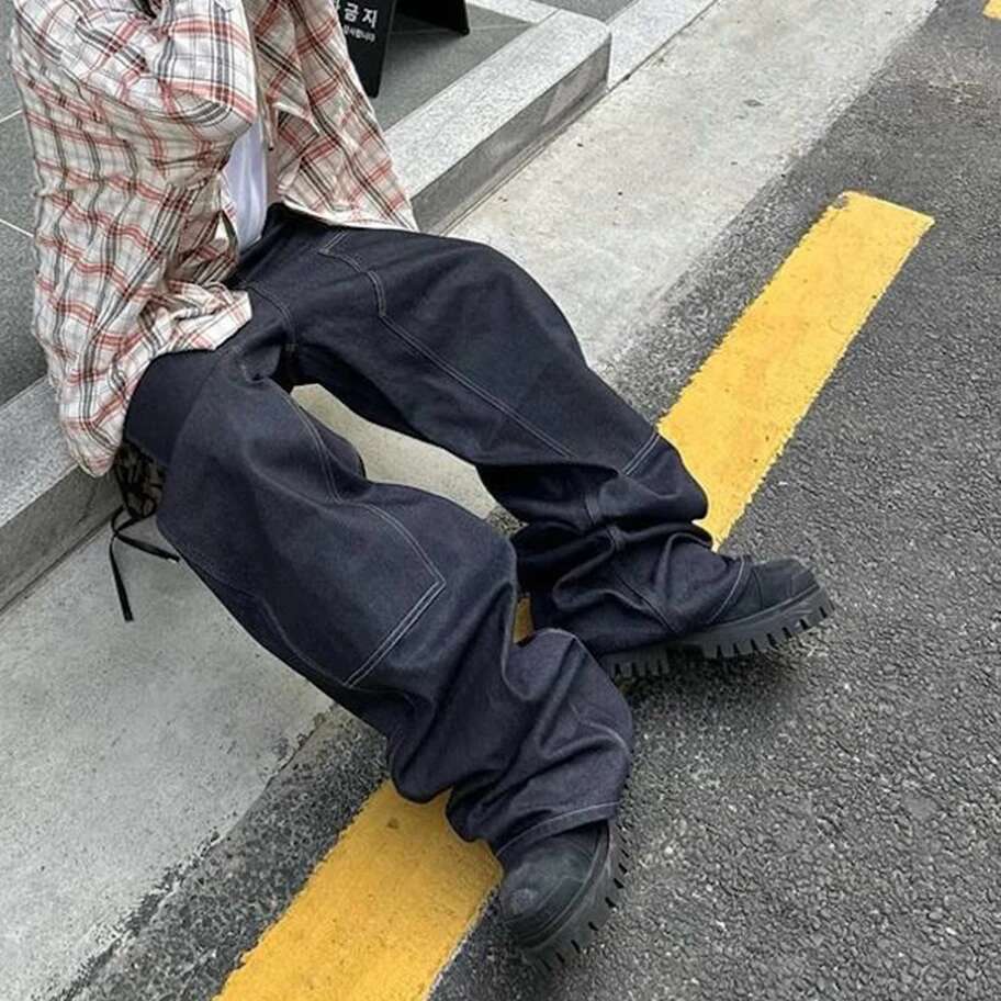 High Street Cleanfit Multipockets Drak Blue Baggy Jeans For Men And Women Straight Vintage Casual Loose Denim Trousers Oversize