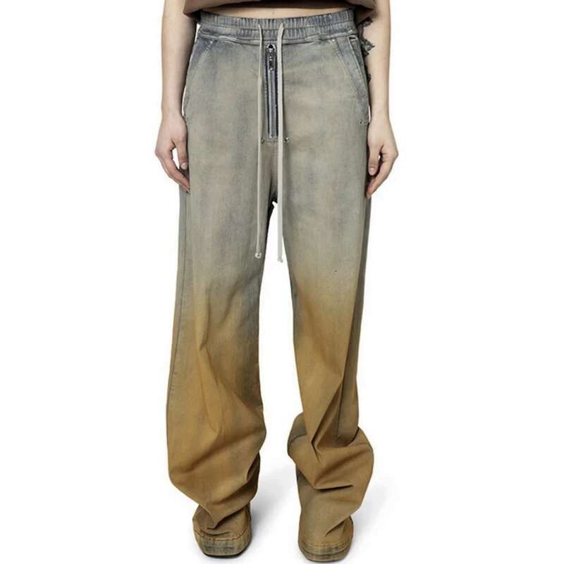 High Street Gradient Color Washed Baggy Drawstring Jeans Pants For Men And Women Straight Casual Loose Denim Trousers Oversized