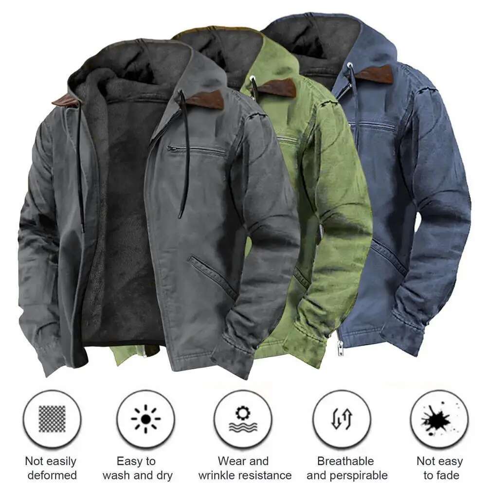 Comfortable Men's Hooded Sweatshirt Coat with Plush ing Multiple Pockets Zipper Placket Jacket for Winter Warmth