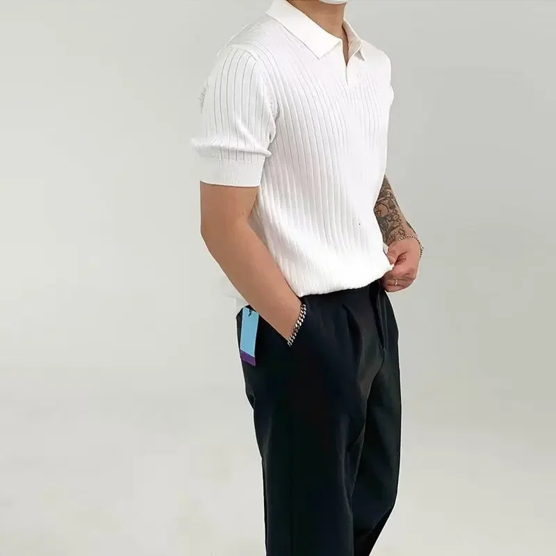 Fashion Knit Solid Color Mens Polo Shirt Slim Short Sleeve Turn-down Collar Ribbed Polo Tee Summer Men Clothes Casual Tops 250208