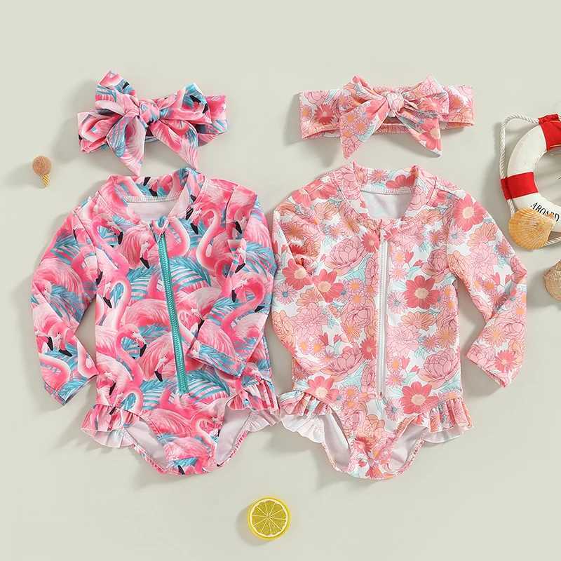Yiiciovy Baby Kids Girls Rash Guard Swimsuit Flamingo/Flower Print Zipper Long Sleeve Sun Protection Bathing Suit + Headwear Z250214