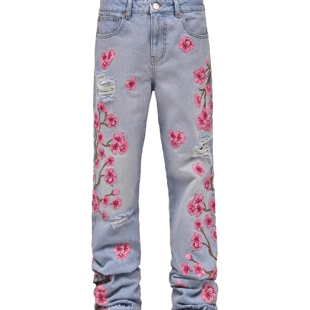 European Stacked Jeans For Men Ripped Holes Floral Patchworks Denim Pants Males Fashion Clothes 250214