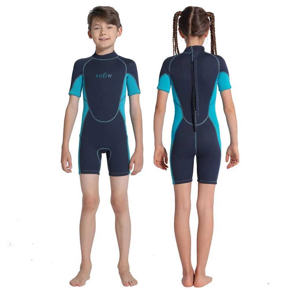 Childrens 3MM Neoprene Shor Wetsuit Back Zipper Surfing Snorkeling Swimming Suit Short Sleeves Boys Girls Kids Swimwear Z250214