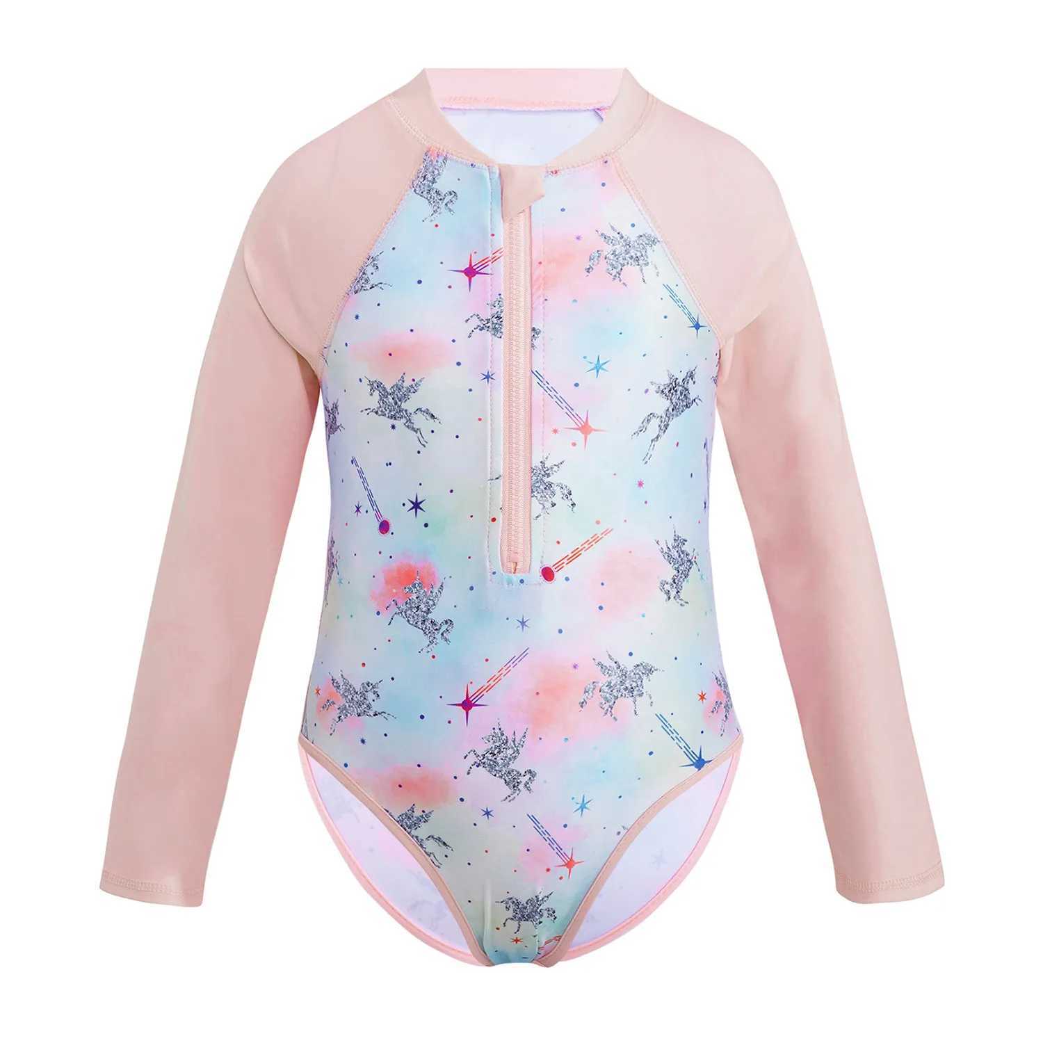 Kids Girls One-piece Swim Suits Brazilian Beachwear Long Sleeves Palm Printed Zippered Swimsuit Swimwear Bathing Suit Rash Guard Z250214