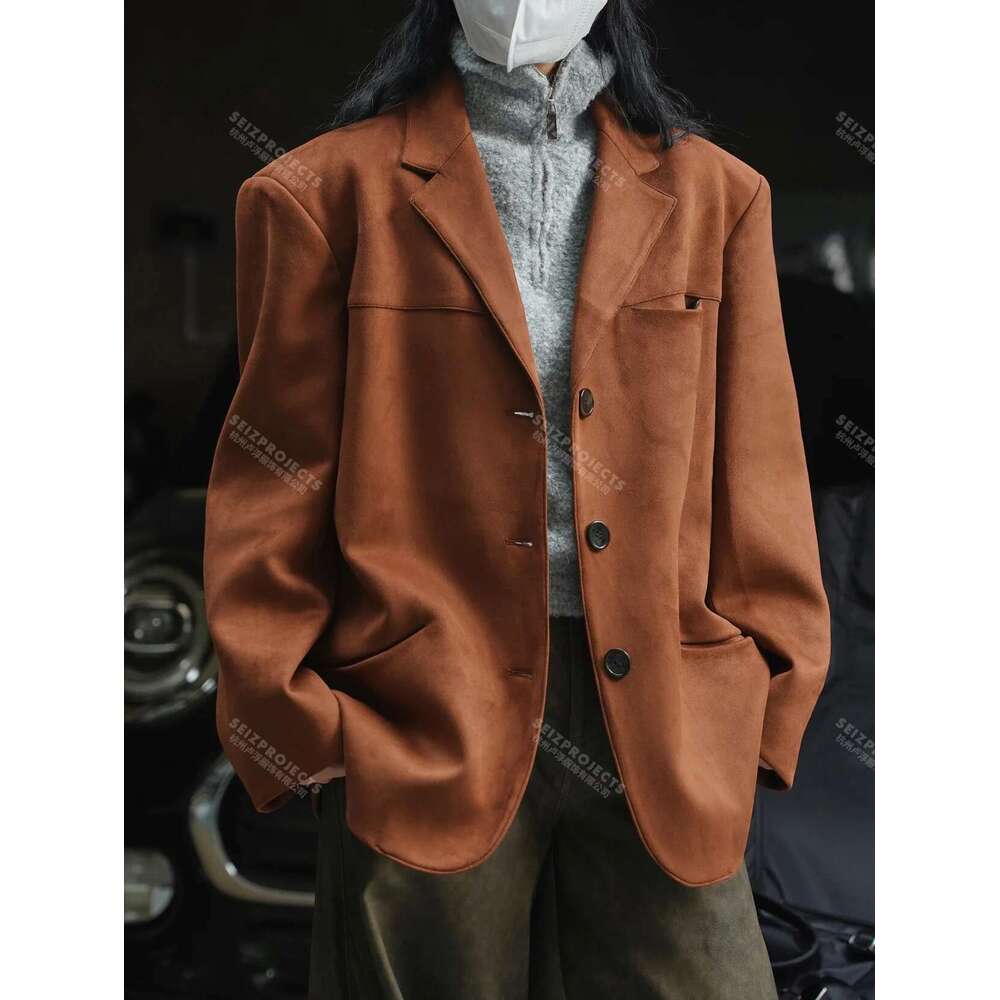 Winter Curved Pocket Oversized Blazer Suede Jacket Brown Green Loose Straight Coat For Women