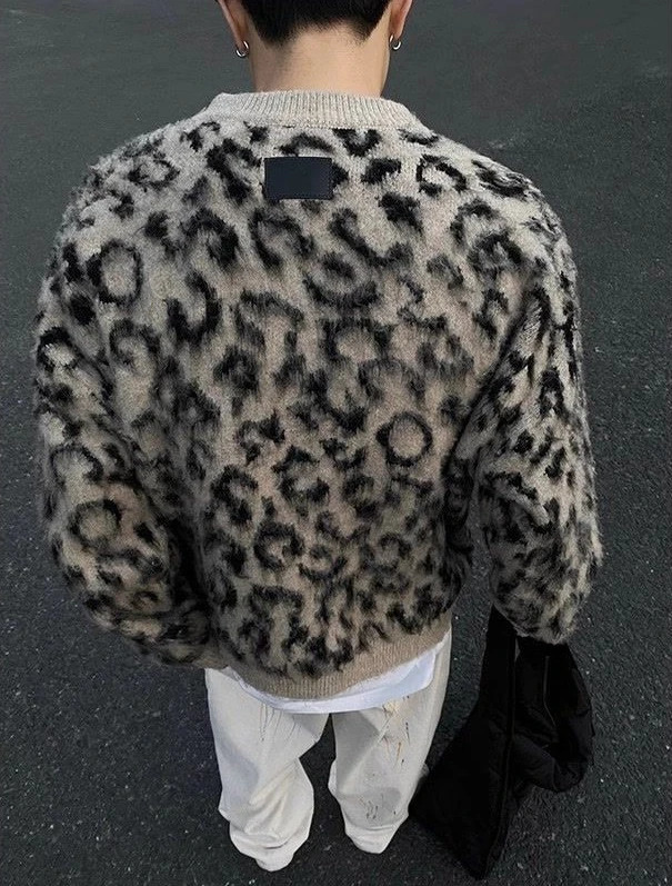 Lazy contrast color leopard print crew neck sweater mens trendy sweater national fashion high street high-end jacket 250211