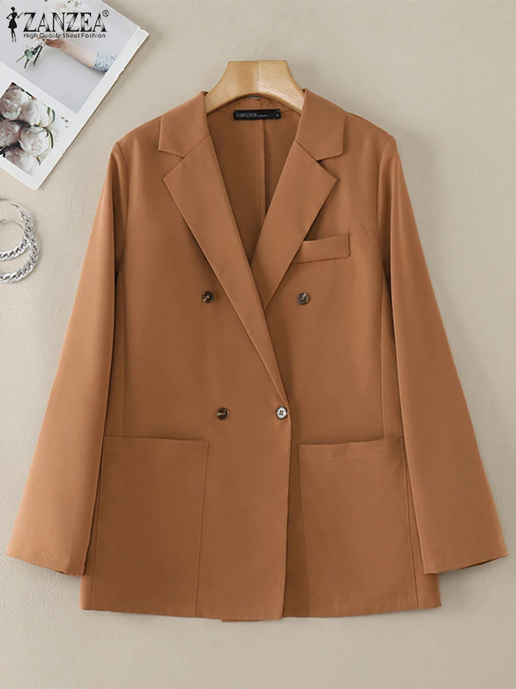 ZANZEA Casual Women Blazer Solid Office Lady Commute Spring Thin Jackets Lapel Neck DoubleBreasted Long Sleeve 250213