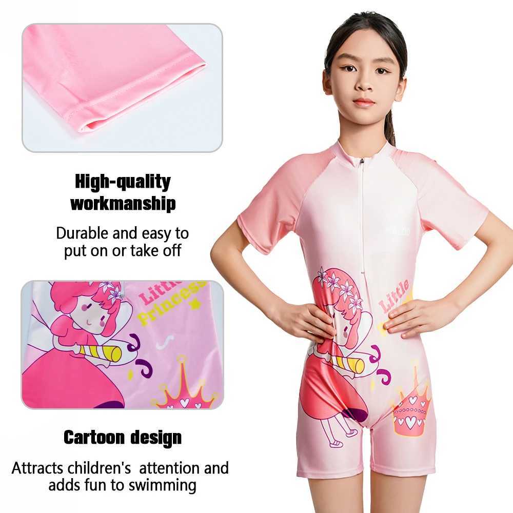 Girls Summer One-Piece Swimsuit with Fairy Print Large Size Quick-Dry Swimwear Short Sleeve Zipper Professional Swimwear for Kid Z250214