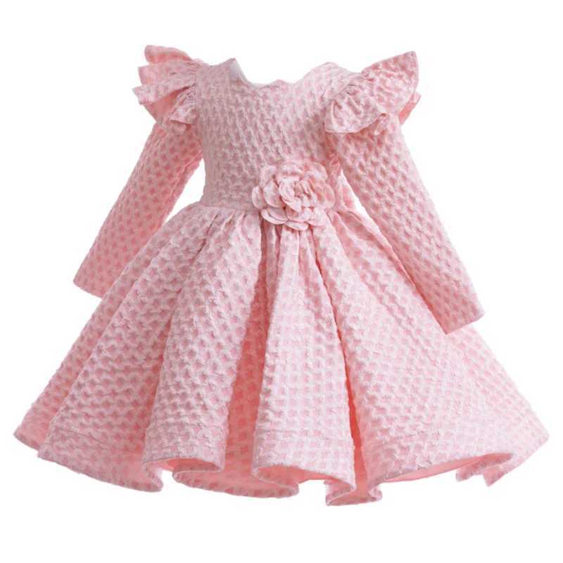Spring and Autumn Girls New Hosting Dance Performance Princess Dress Long Sleeved Sticker Solid Color Fashion Plaid Dress Z250214