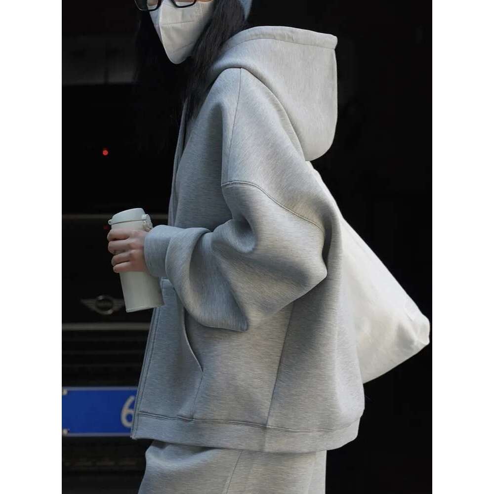 Minimalism Solid Hooded Cardigan Sweatshirt For Women Drawstring Zipper Long Sleeve Loose Jackets 2025 Autumn New
