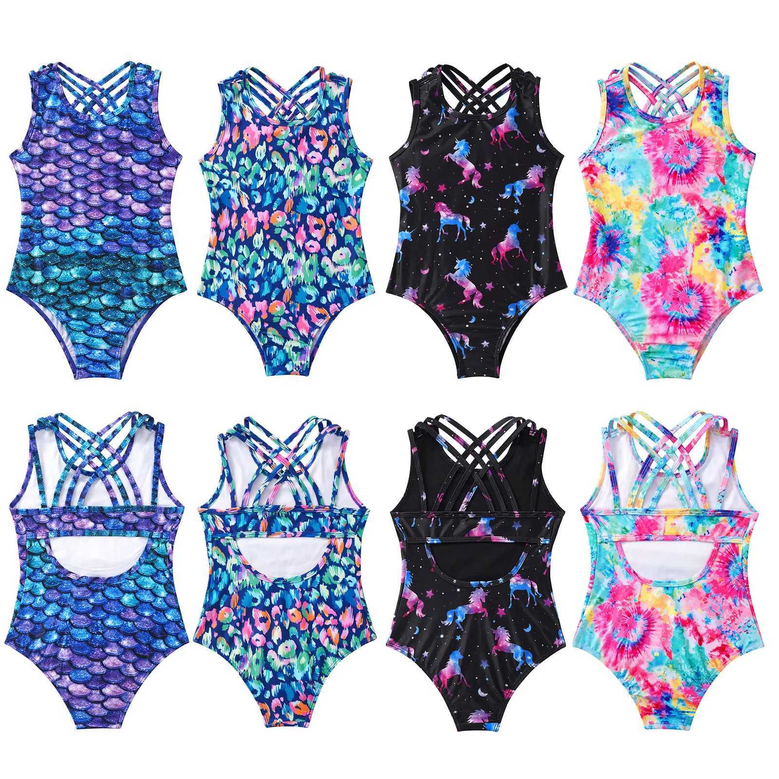 Kids Girls Straps Cross Print Swimsuits Rear Keyhole Back Various Leotard Bodysuit Jumpsuit for Ballet Dance Gym Yoga Workout Z250214