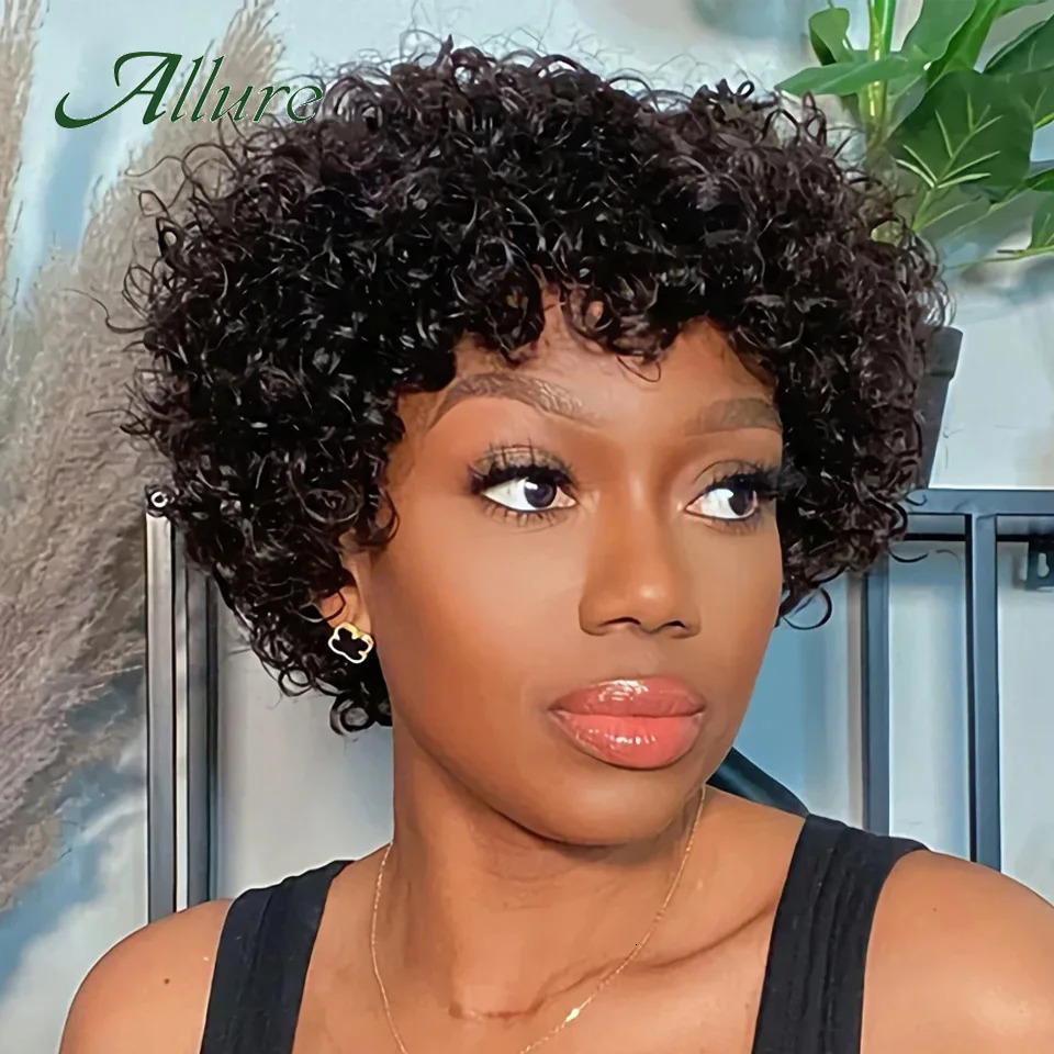 Short Pixie Afro Kinky Curly Wigs for Black Women Glueless Natural Brown Bob Wig With Bangs Brazilian Human Hair Wigs Allure 250210