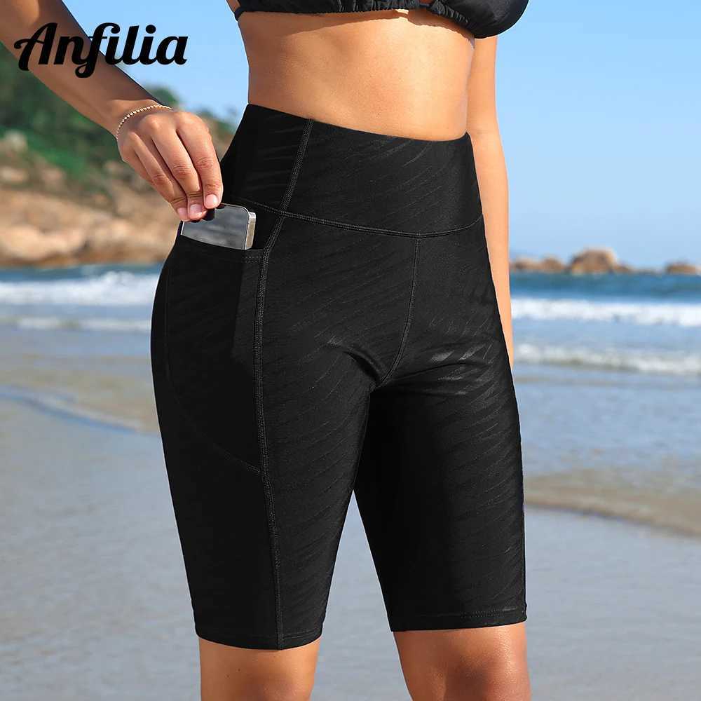 Anfilia Women Swimming Shorts Solid High Waist Waterproof Side Pockets with Soft Front Lining Skinny High Stretchy Swim Trunks W250214