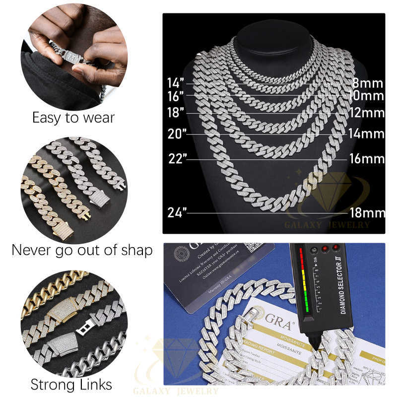 Hip Hop Jewelry Large Size 18mm Necklace VVS Moissanite With Certificate White Gold Plated Cuban Link Chain For Rapper