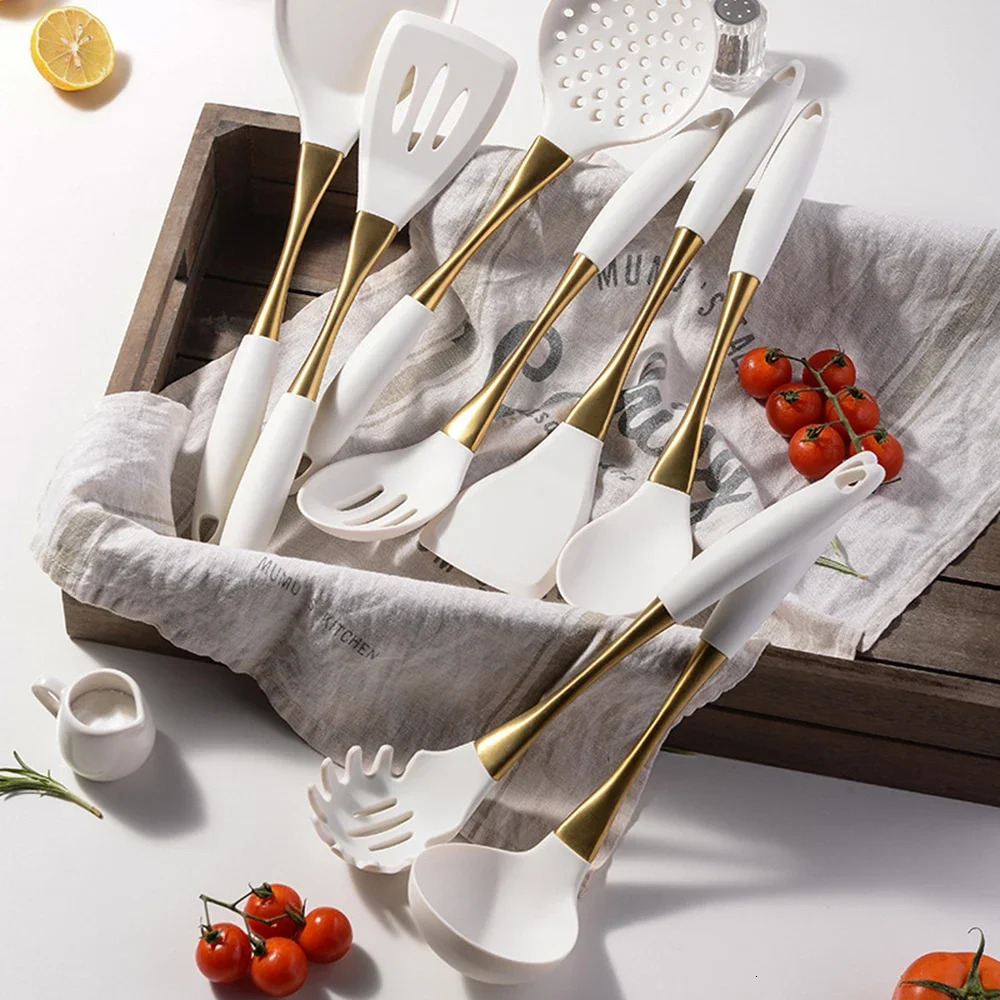 1Pc Silicone Kitchenware Cooking Utensils White Gold Kitchen Accessories Spatula Turner Heat-resistant Pasta Colander Shovel 250214