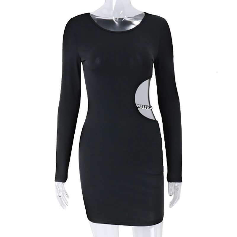 Wheremery Y2k Hollow Out Metal Chain Mini Dress Women O Neck Long Sleeve Solid Dresses Gothic Fashion Sexy Club Party Vestidos