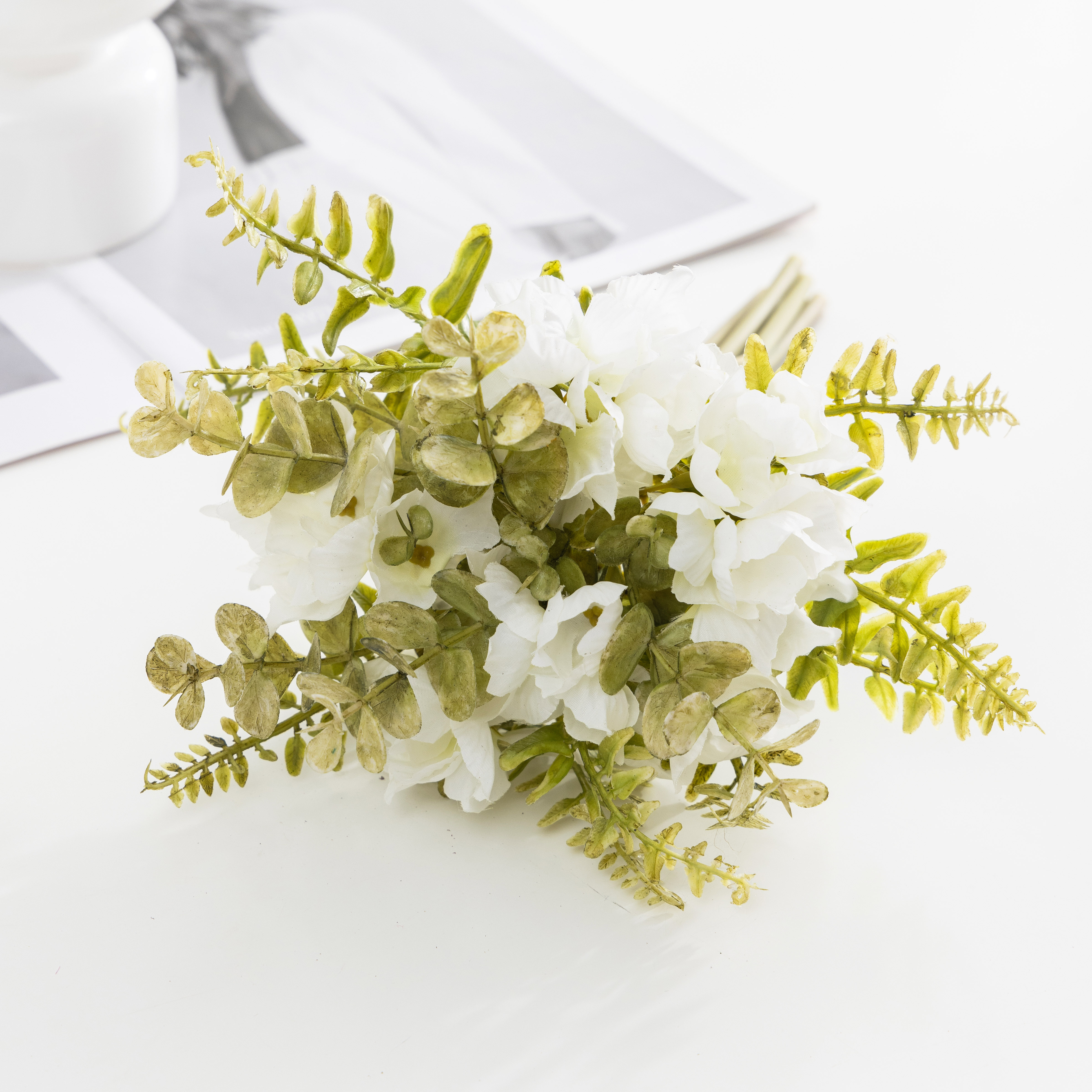 Handcrafted Elegant Fake Flower Bunch Featuring Elderly Appeal - Eucalyptus & Hydrangeas
