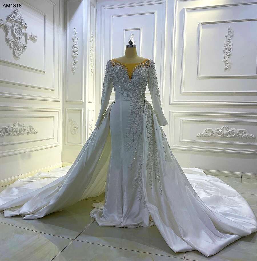 Custom The Full Pearl Neckline V-neck 2 In 1 Stain Wedding Dress