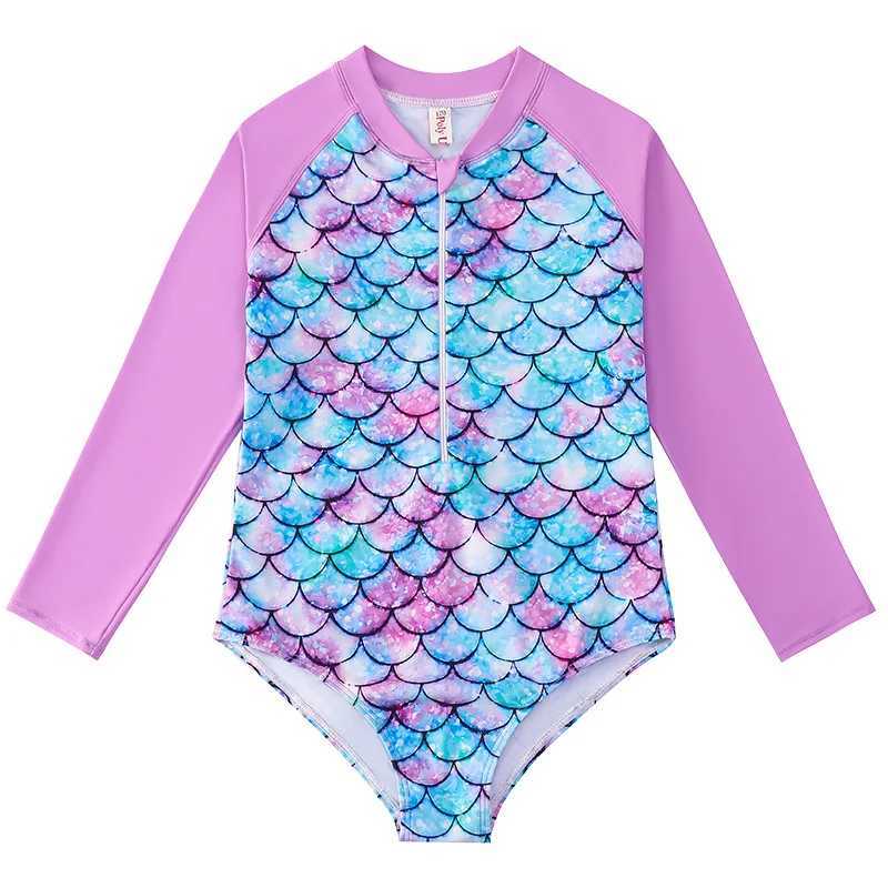 European American Sle Mermaid Swimsuit Baby Girls Long Sleeves One-piece Swimsuit Hot Spring Fish Scale Kids Swimsuit 4-12Y Z250214