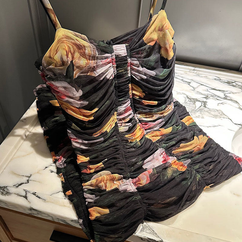 Women's Floral Print Mesh Camisole Dresses Luxury Silk Lining Draped Fit Bodycon Style Back Zipper Midi Length Clothes Designer Elegant Spring Be